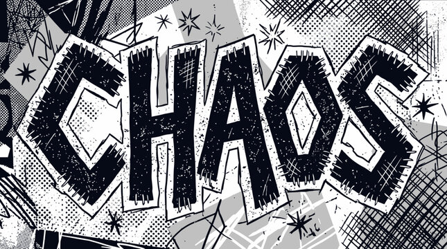 Monochromatic comic-style illustration of the word CHAOS with a distressed, grunge background featuring abstract patterns and textures.