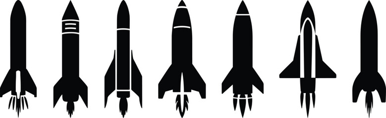 Silhouette collection of seven different rocket ship designs spaceship spacecraft © Ajija