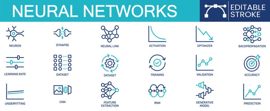 Set of 18 outline icons related to neural networks. Containing neuron, synapse, backpropagation, training, prediction and more. Linear icon collection. Editable stroke. Vector illustration