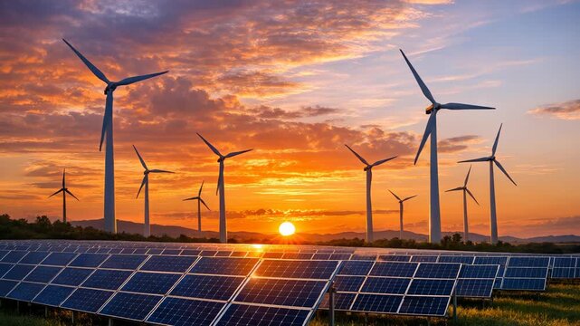 A serene scene at sunset with renewable energy sources in the foreground.