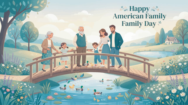 Three generations of a family standing on a wooden bridge over a pond in a park with trees, flowers, and ducks. Text reads 'Happy American Family Family Day' in the sky area.