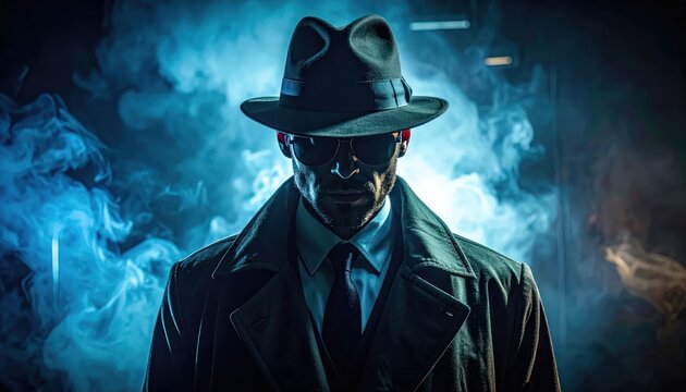 Mysterious Man in Hat and Trench Coat, Silhouette, Smoke, Noir Atmosphere
