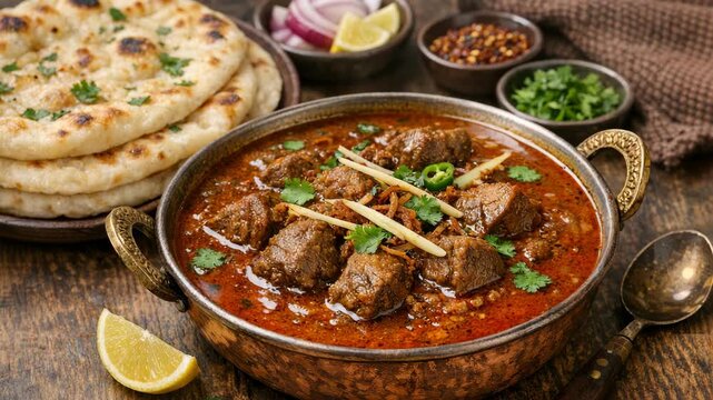 A hearty meal of beef curry and flatbread on a table.