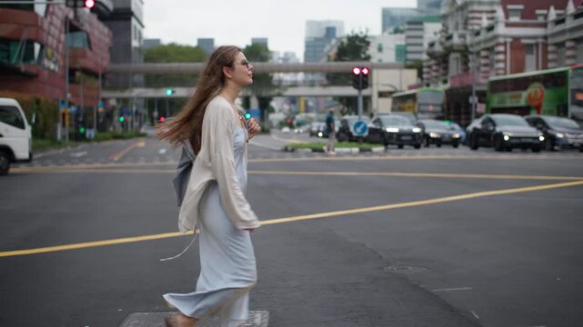 Caucasian tourist walking through downtown Singapore city surrounded by modern skyscrapers vibrant urban streets and iconic travel destination in Asia