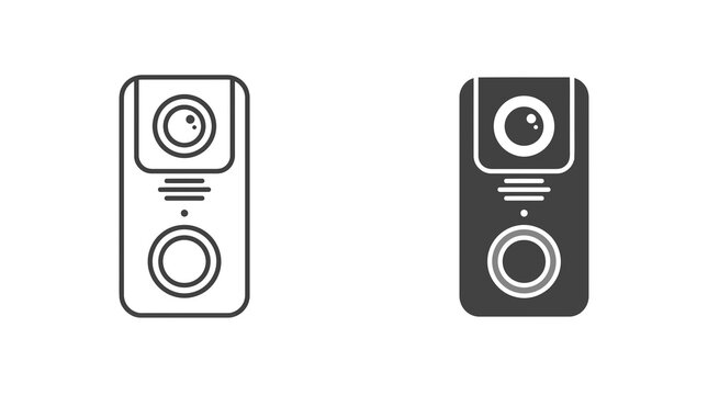 Smart video doorbell icon set linear outline and solid fill versions for home security systems