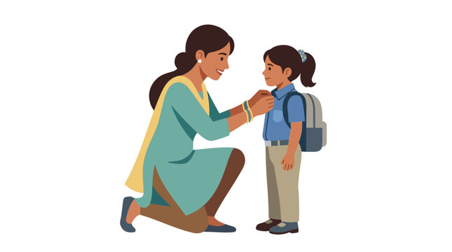 Indian mother in teal salwar kameez adjusting her daughter's school uniform collar. Young girl with backpack getting ready for school. Modern flat vector illustration on white background.
