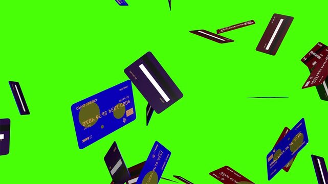 Many credit cards falling green screen animation footage