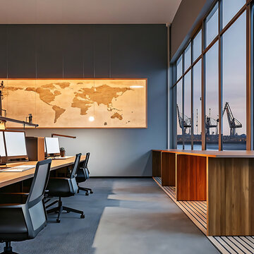 Office interior with world map artwork and harbor view at dusk modern workspace design workplace
