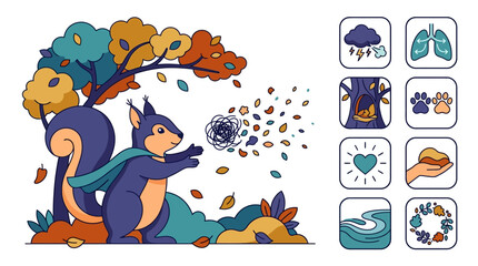 Naklejka premium Flat vector illustration of a purple squirrel in a cape standing near an autumn tree with falling leaves, plus eight concept icons depicting weather, health, and nature symbols.