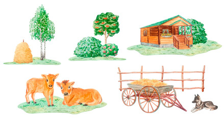 Naklejka premium Watercolor farm clip art set with cute jersey calves, wooden cabin, vintage cart with hay and country fence. Isolated element hand drawn illustration for cottagecore rustic design
