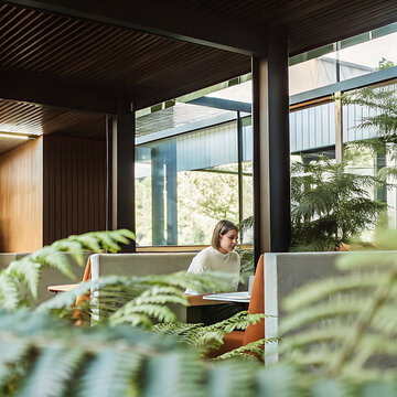 Office interior with a woman working at a booth seat featuring wood paneling and large windows