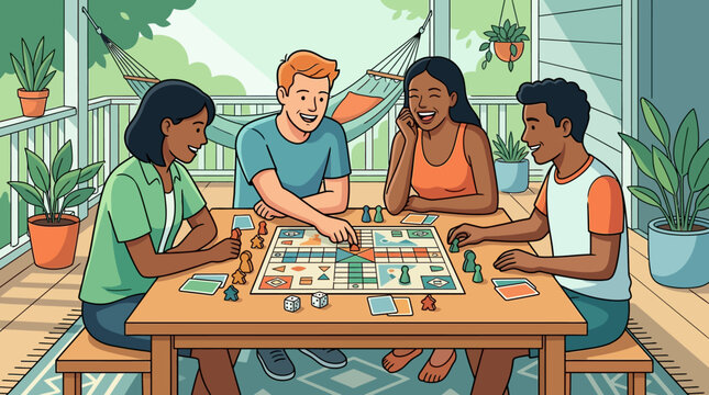 Vector illustration of four diverse young adults playing a strategic board game on a sunlit patio. Includes potted plants, a hammock, and friends laughing around a wooden table outdoors.