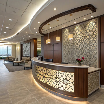 Curved reception desk interior with decorative wall paneling and ambient lighting modern office scene front