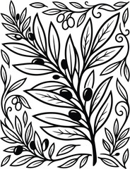 Fototapeta premium A intricate botanical black and white line illustration sketch featuring an olive tree branch laden with ripe fruit.