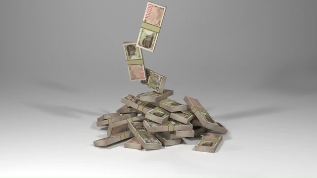 Stacks of ten thousand japanese yen falling to create a large pile on a neutral background.