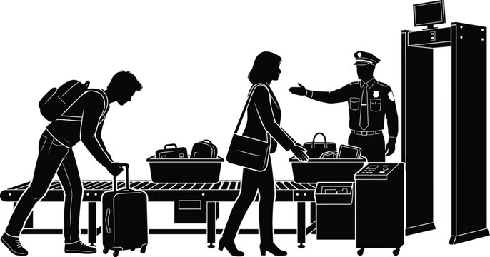 Silhouette of traveling passengers going through airport security checkpoint with guard luggage scanner and metal detector machine
