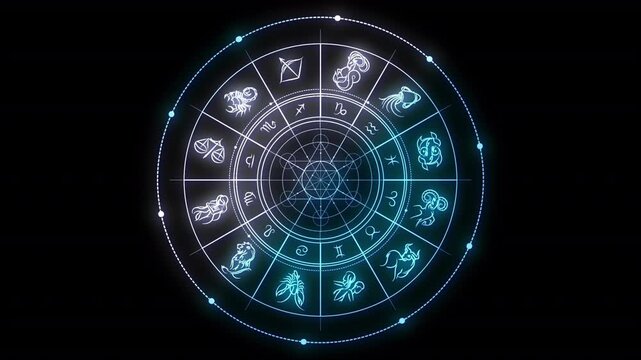 Glowing blue neon zodiac wheel rotation, astrology horoscope circle with 12 signs, loop video with alpha channel