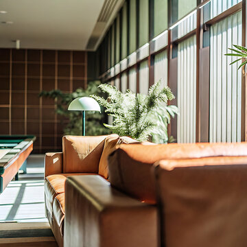 Leather sofas and potted fern in a modern interior with grid patterned wall accents sofa