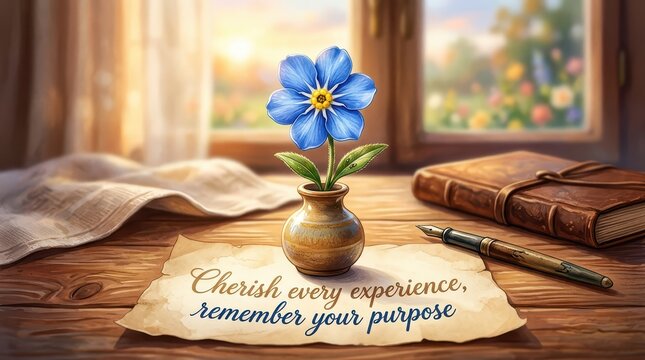 Inspirational still life with blue flower in vase, antique journal, pen, and parchment with quote on wooden table