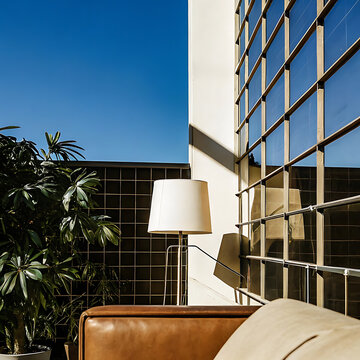 Floor lamp with lampshade stands beside a brown leather couch against a building exterior architectural