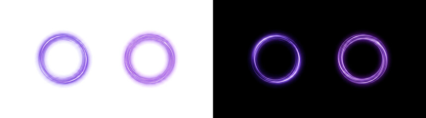 Naklejka premium Purple neon circle rings glowing brightly with smooth violet light loops on a black background suitable for futuristic and gaming designs with PNG, Transparent and Black Background Versions arranged