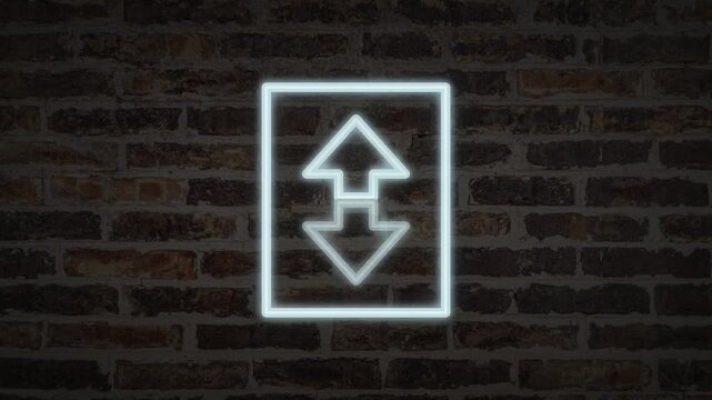 Glowing elevator arrows pulse on a dark brick wall. Neon sign depicts upward and downward movement for urban navigation, lift service and interior design concepts.
