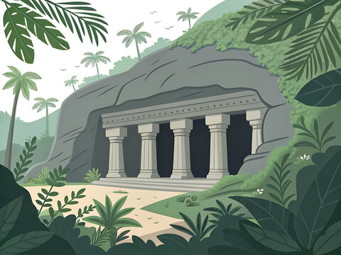 Elephanta Caves, ancient rock-cut cave entrance with large sculpted columns and tropical greenery, modern minimal vector style