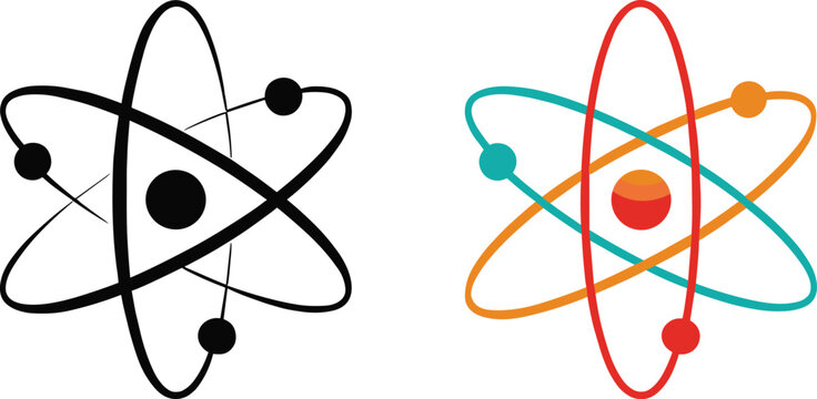 Atomic structure icons with nucleus and orbiting electrons in black and color Keywords: atom, atomic, science, physics, chemistry