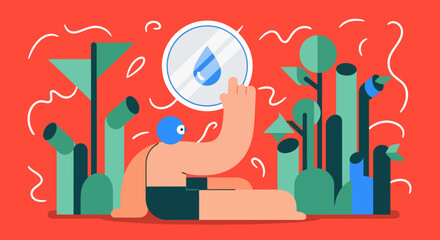 Obraz premium Flat vector illustration of a person choosing water icon in nature