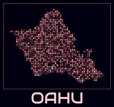 Oahu digital style map. Small square dots on dark background. Dotted shape of the island. Oahu map and title. Amazing vector illustration.