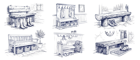 Obraz premium Mudroom bench line art illustration set of rustic entryway wooden benches with boots, coat racks, and storage baskets in hand-drawn vintage sketch style for home organization concepts.