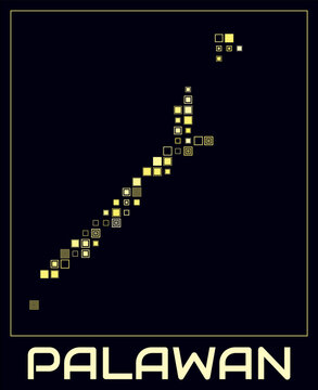 Palawan digital style map. Large square dots on dark background. Dotted shape of the island. Palawan map and title. Stylish vector illustration.