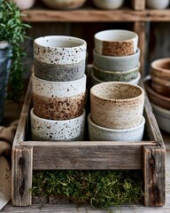 Naklejka premium Rustic Ceramic Cups and Bowls Stacked in Wooden Crate with Green Moss