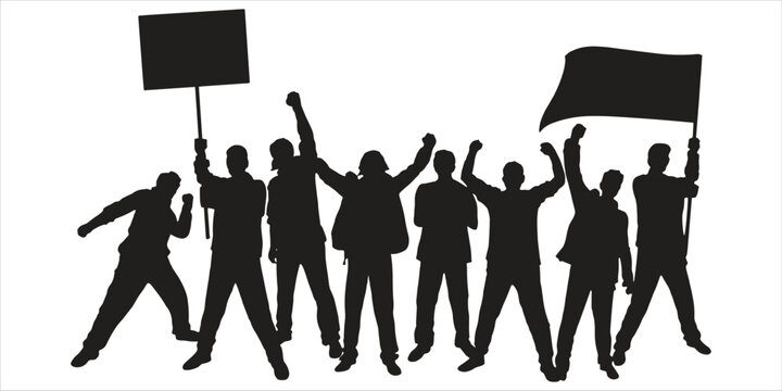 Silhouette of Protesters Holding Signs and Flag on White Background Keywords: protest, demonstration, rally, crowd, people