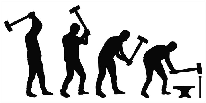 Silhouettes of a blacksmith hammering metal on an anvil vector illustration