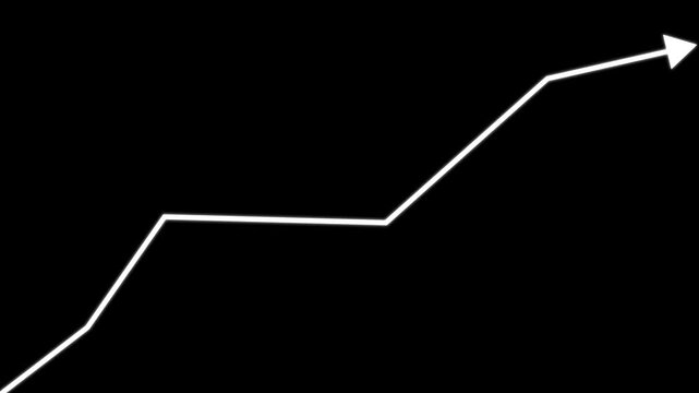 Financial growth arrow chart animation, rising success graph on black background