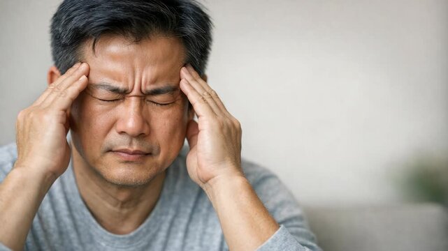 Portrait of a man with asian appearance massaging the side of his head, looking distressed or sad. He is indoors and dressed in a grey t-shirt.