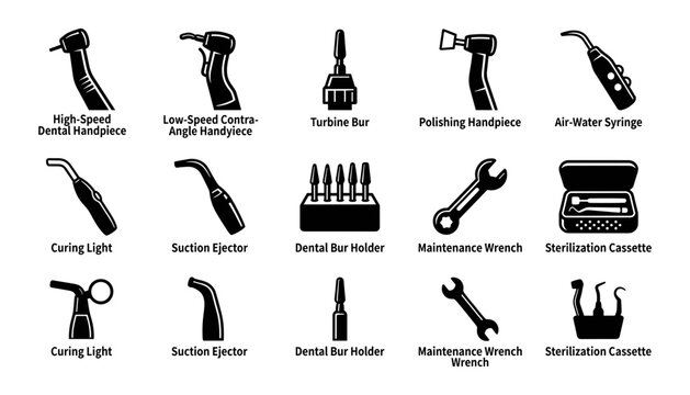Dental Tools and Equipment Icons Set with Labels for Various Dental Instruments and Accessories Featuring Handpiece, Turbine, Bur