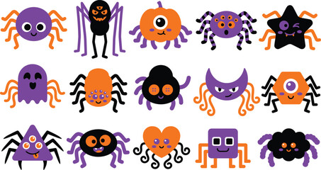 Fototapeta premium Cute halloween spiders collection colorful cartoon insect vector graphics