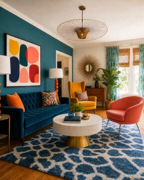 A stylish living room featuring vibrant colors, modern furniture, and artistic decor, creating a cozy yet contemporary atmosphere.