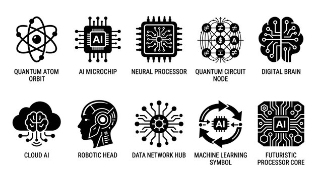Technology Icons Representing Quantum Computing, Ai, and Digital Processing Concepts Featuring Ai, Neural, Processor with Circuit
