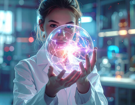 Woman in lab coat holding glowing crystal ball with purple light