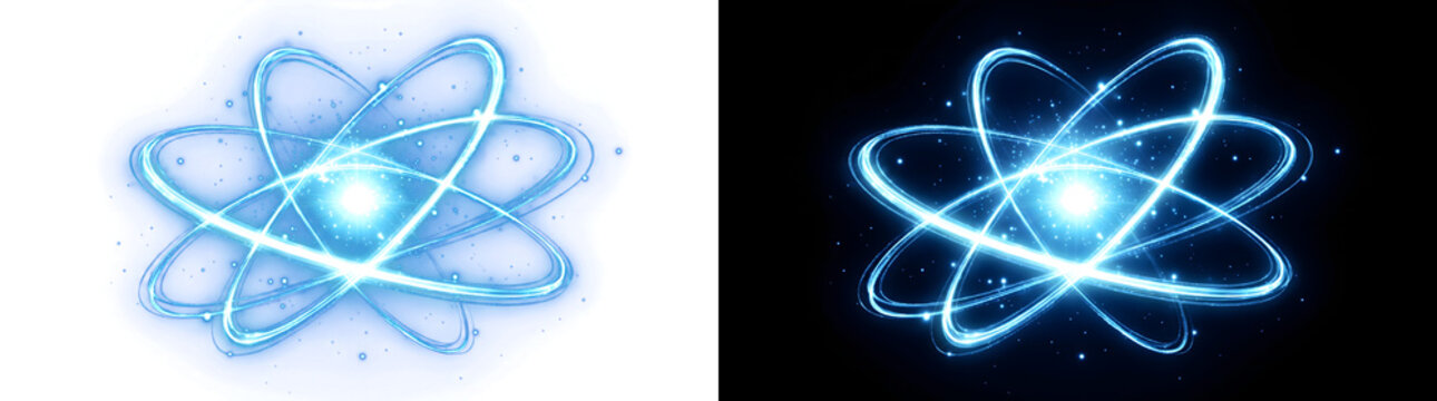 Atom Structure glowing blue electron orbits swirling around a bright nucleus for science and technology designs in PNG, Transparent and Black Background Versions