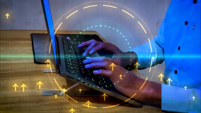 Hand typing on laptop with holographic upward arrow spiral and circular gauge concept for business growth, revenue increase, sales performance, profit expansion, and financial success strategy.