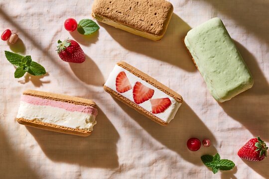 Overhead flat lay of three ice cream sandwiches with strawberry and mint garnishes on a light fabric background, showcasing colorful dessert varieties and textures