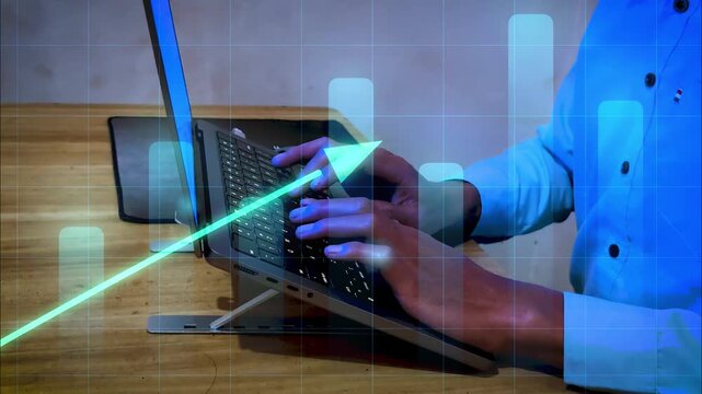 Businessman typing on laptop keyboard for analyzing revenue growth with futuristic financial dashboard, visualizing sales performance, investment analytics, forecasting, and business intelligence.