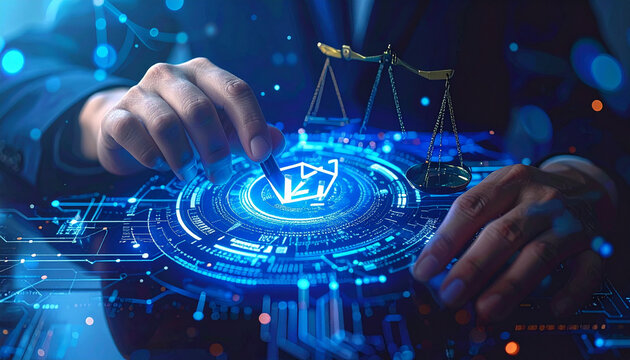 Person interacting with futuristic digital interface and scales of justice