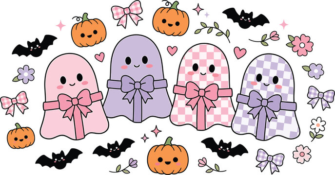 Cute halloween shirt design with ghosts pumpkins and bats spooky kawaii graphic for apparel