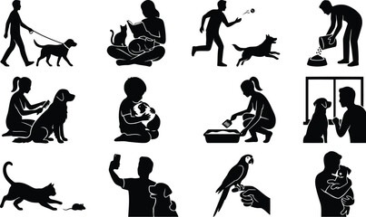 Plakat Collection of black silhouette illustrating people interacting with various pets, including dogs, cats, birds, and small animals at home