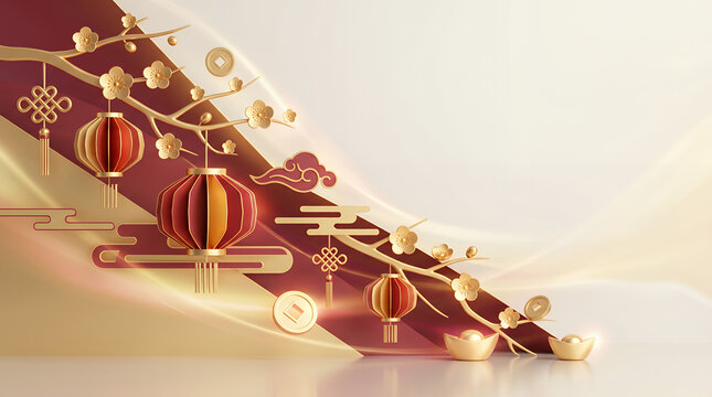 Elegant Lunar New Year Celebration with 3D Red Lanterns, Golden Plum Blossoms, and Traditional Lucky Coins
